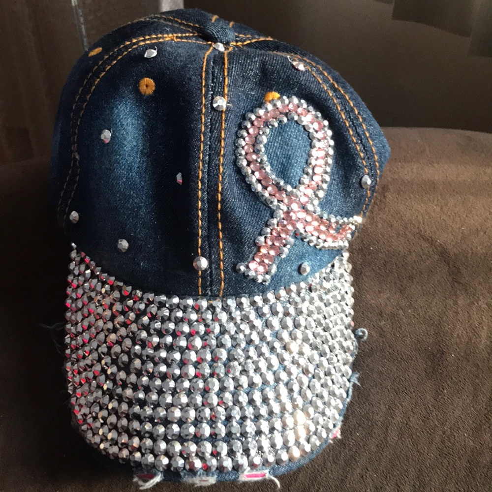 Jean rhinestone breast cancer ribbon  hat